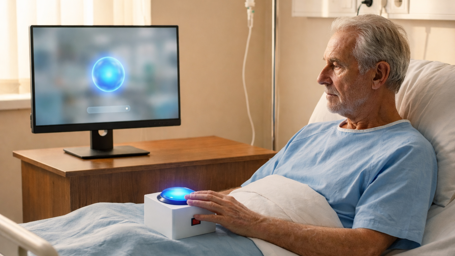 An elderly patient at home with Carely on the screen and the one-button device